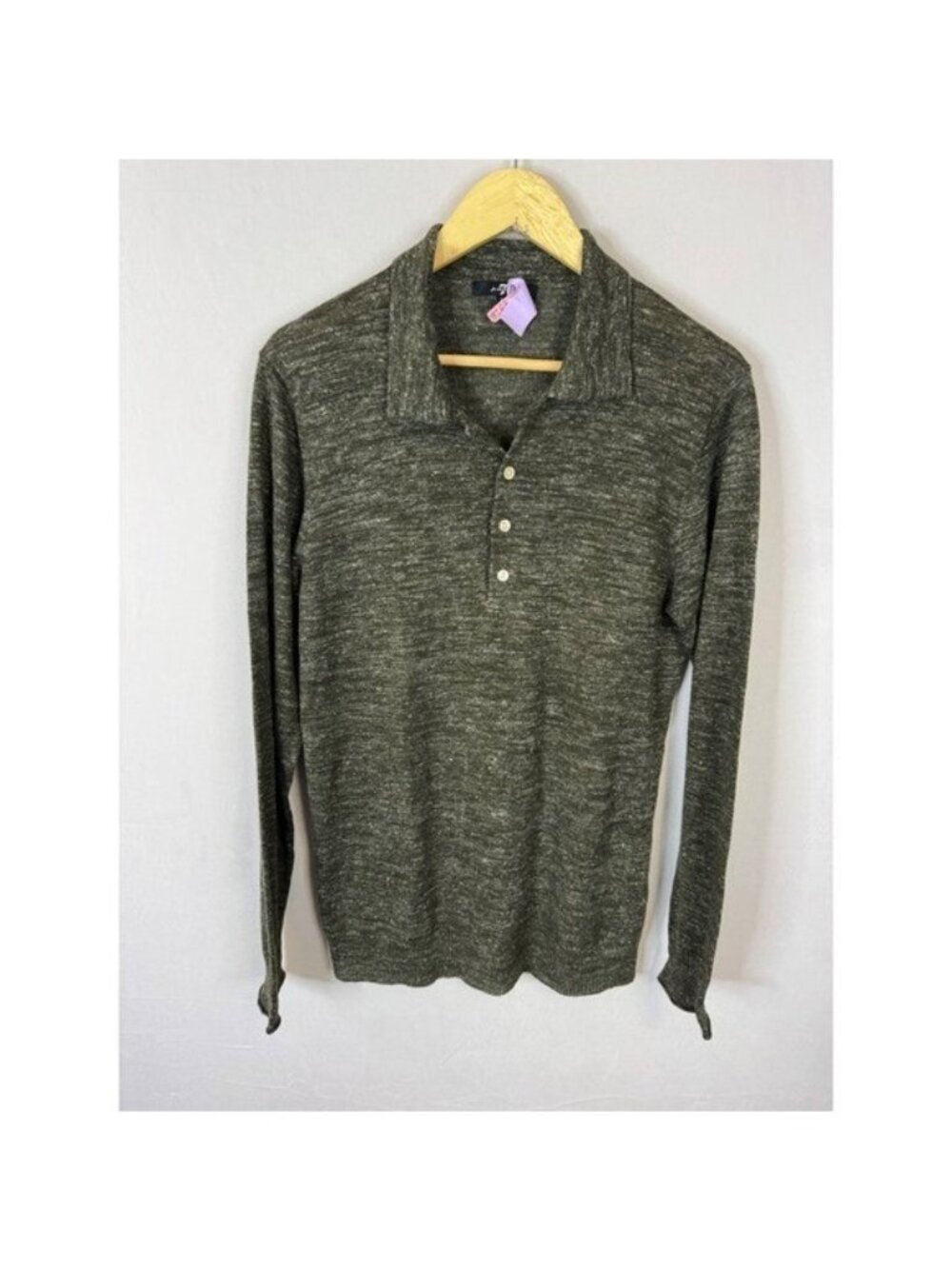 7 For All Mankind Mens Olive Green Wool Linen Blend Polo Sweater Small AM5241245